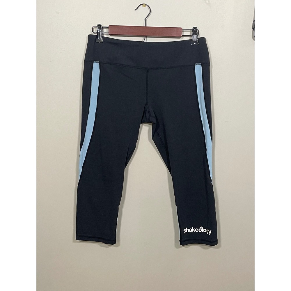Beachbody Leggings Womens Medium Black Blue Excellent Shakeology Crop Capri